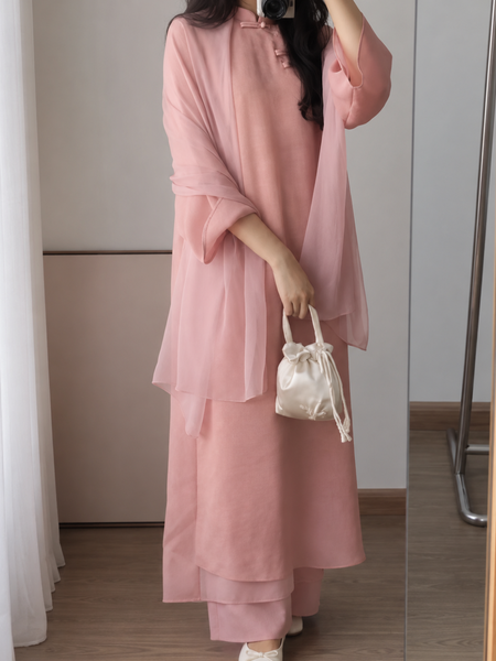 Elegant Blush Pink Chiffon Kurta Pant Set with Layered Detailing