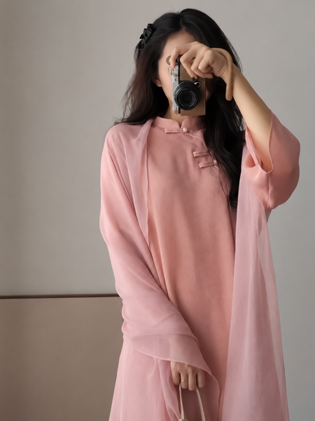 Elegant Blush Pink Chiffon Kurta Pant Set with Layered Detailing