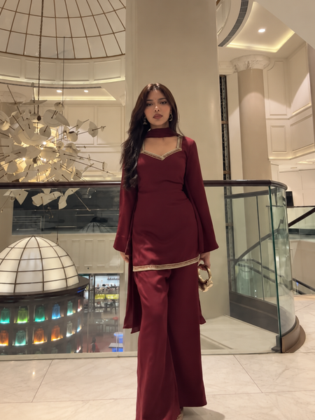 Maroon Straight Kurta Pant Set with Embroidered Neckline & Dupatta