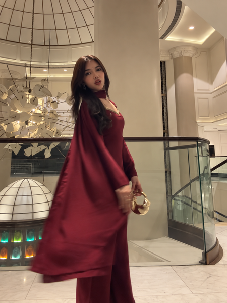 Maroon Straight Kurta Pant Set with Embroidered Neckline & Dupatta
