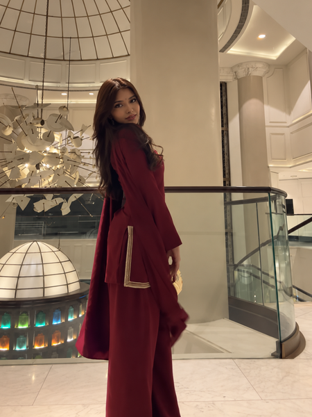 Maroon Straight Kurta Pant Set with Embroidered Neckline & Dupatta