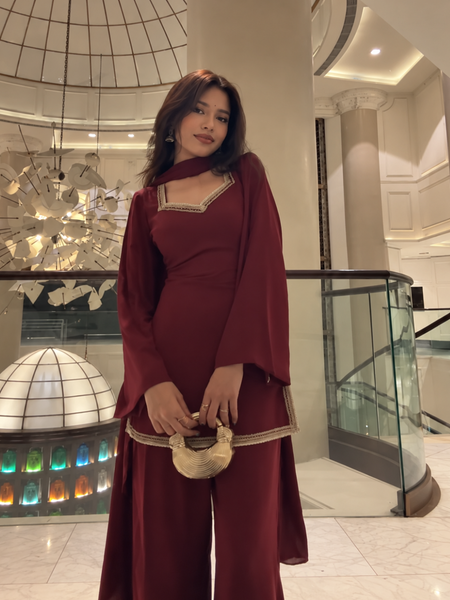 Maroon Straight Kurta Pant Set with Embroidered Neckline & Dupatta