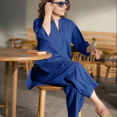 Silver Hoops Kurta Set in Navy Blue
