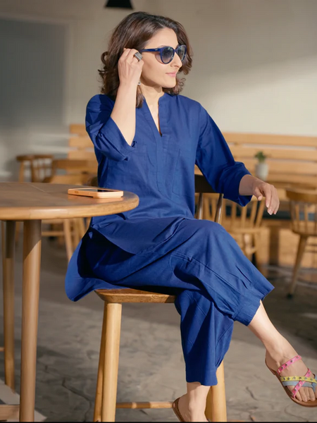 Silver Hoops Kurta Set in Navy Blue