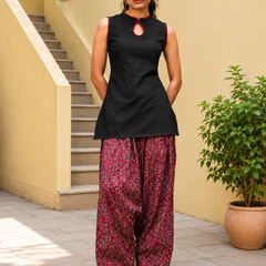 Black & Red Printed Kurta Palazzo Set with Keyhole Neck & Lace-Up Back