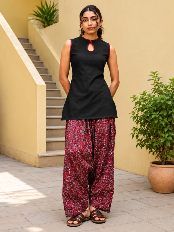 Black & Red Printed Kurta Palazzo Set with Keyhole Neck & Lace-Up Back