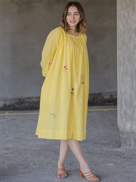 Women Yellow Floral Embroidered A-Line Dress