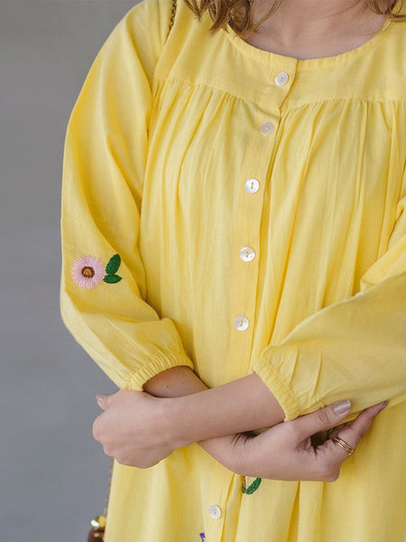 Women Yellow Floral Embroidered A-Line Dress