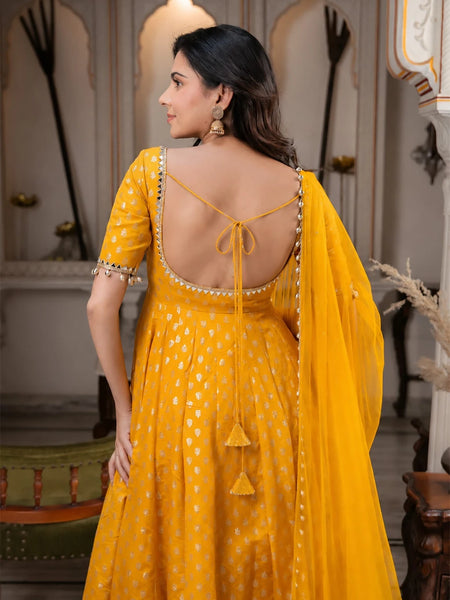 Mustard Yellow Printed Anarkali Kurta Set with Dupatta