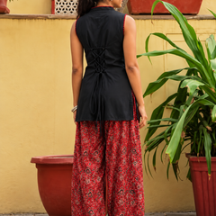 Black & Red Printed Kurta Palazzo Set with Keyhole Neck & Lace-Up Back