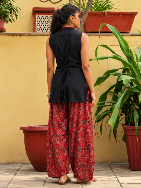 Black & Red Printed Kurta Palazzo Set with Keyhole Neck & Lace-Up Back