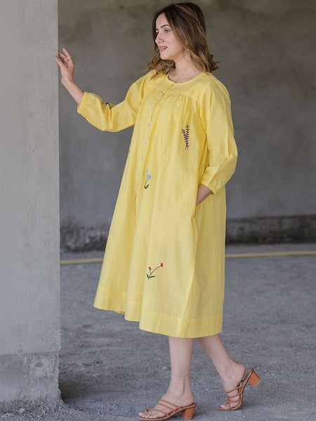 Women Yellow Floral Embroidered A-Line Dress