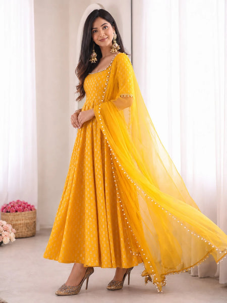 Mustard Yellow Printed Anarkali Kurta Set with Dupatta
