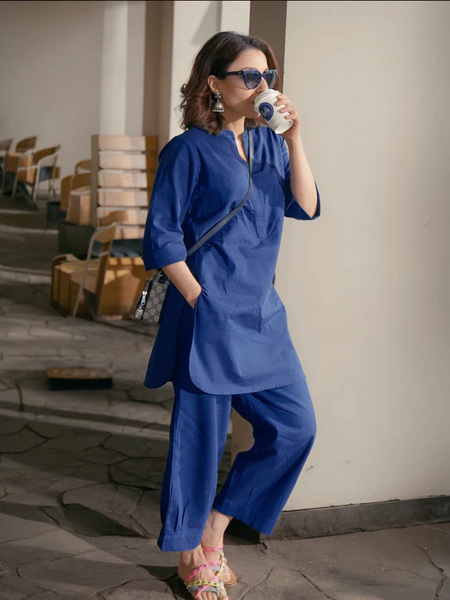 Silver Hoops Kurta Set in Navy Blue