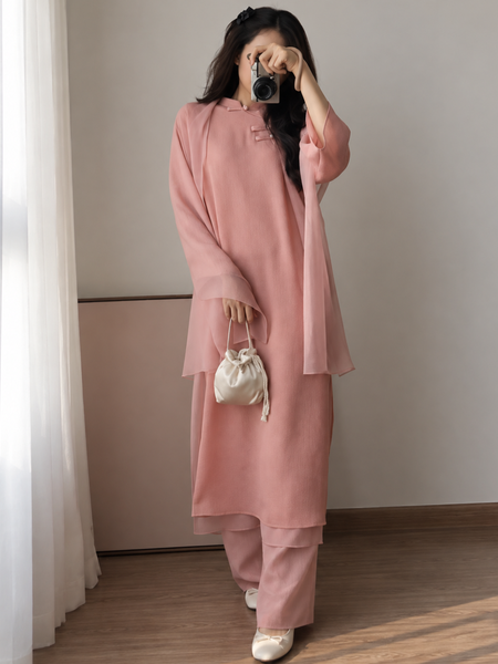 Elegant Blush Pink Chiffon Kurta Pant Set with Layered Detailing
