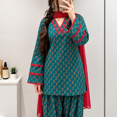 Teal Green Floral Printed Kurta Palazzo Set with Red Dupatta