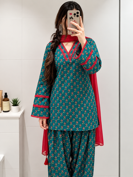 Teal Green Floral Printed Kurta Palazzo Set with Red Dupatta