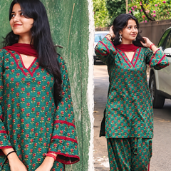Teal Green Floral Printed Kurta Palazzo Set with Red Dupatta