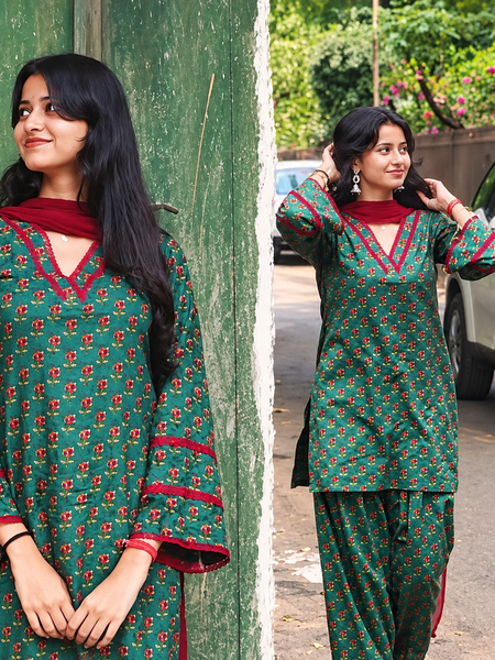 Teal Green Floral Printed Kurta Palazzo Set with Red Dupatta