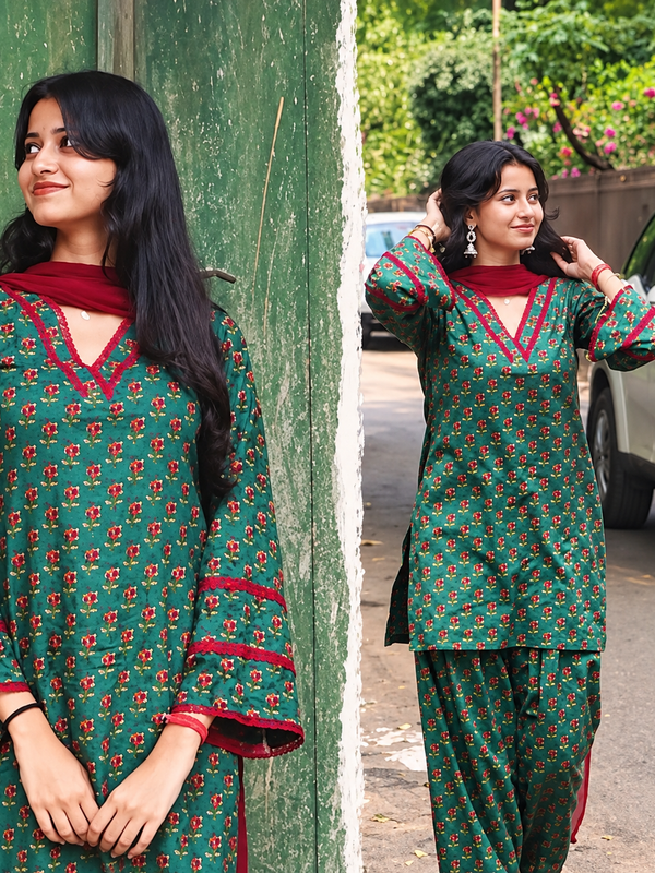Teal Green Floral Printed Kurta Palazzo Set with Red Dupatta