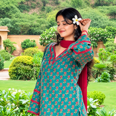 Teal Green Floral Printed Kurta Palazzo Set with Red Dupatta