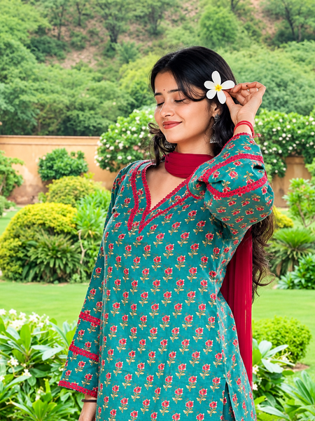 Teal Green Floral Printed Kurta Palazzo Set with Red Dupatta