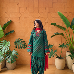 Teal Green Floral Printed Kurta Palazzo Set with Red Dupatta