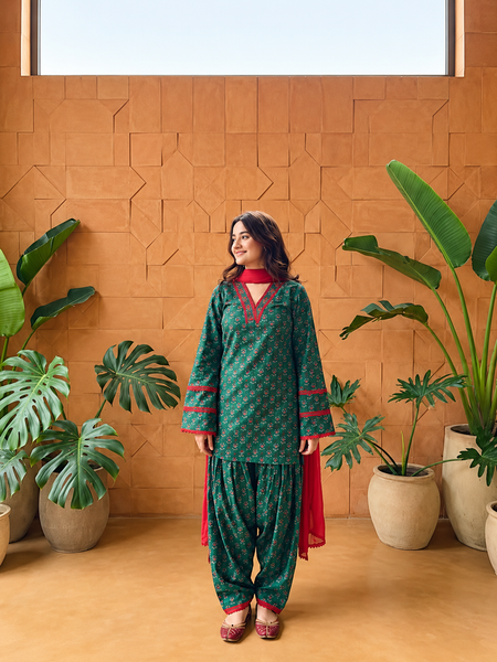 Teal Green Floral Printed Kurta Palazzo Set with Red Dupatta