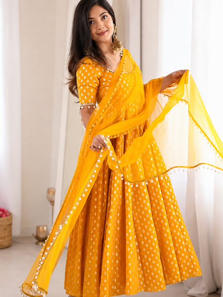 Mustard Yellow Printed Anarkali Kurta Set with Dupatta