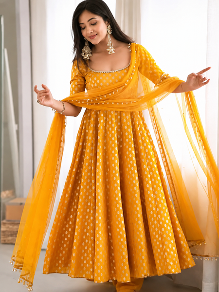 Mustard Yellow Printed Anarkali Kurta Set with Dupatta