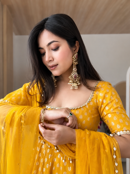 Mustard Yellow Printed Anarkali Kurta Set with Dupatta
