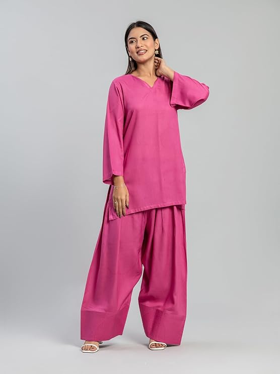 Womens Rayon Solid Straight Kurta Farshi Salwar Set