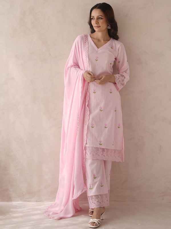 Women Bloomera Pink Rose Embroidered Pure Cotton Suit Set