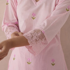 Women Bloomera Pink Rose Embroidered Pure Cotton Suit Set