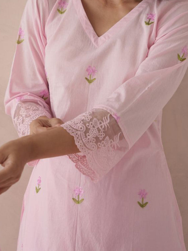 Women Bloomera Pink Rose Embroidered Pure Cotton Suit Set
