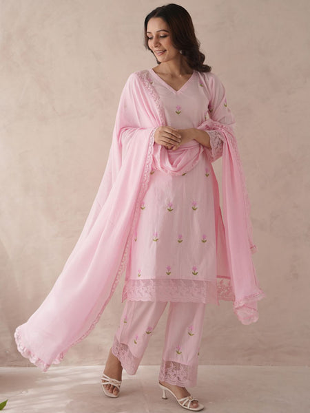 Women Bloomera Pink Rose Embroidered Pure Cotton Suit Set