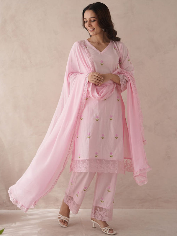 Women Bloomera Pink Rose Embroidered Pure Cotton Suit Set