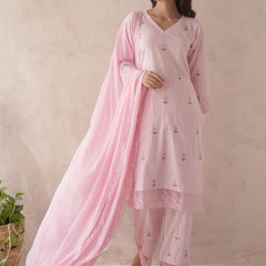 Women Bloomera Pink Rose Embroidered Pure Cotton Suit Set