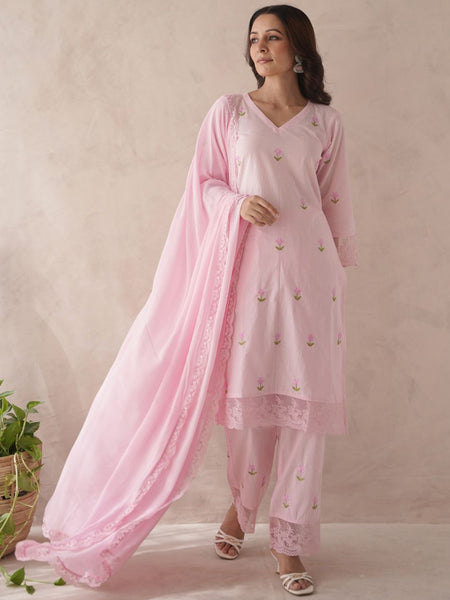 Women Bloomera Pink Rose Embroidered Pure Cotton Suit Set