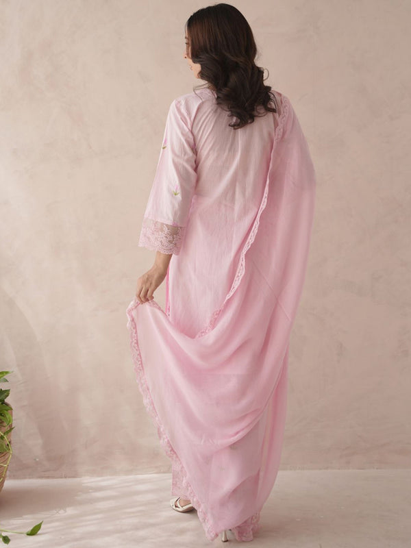 Women Bloomera Pink Rose Embroidered Pure Cotton Suit Set