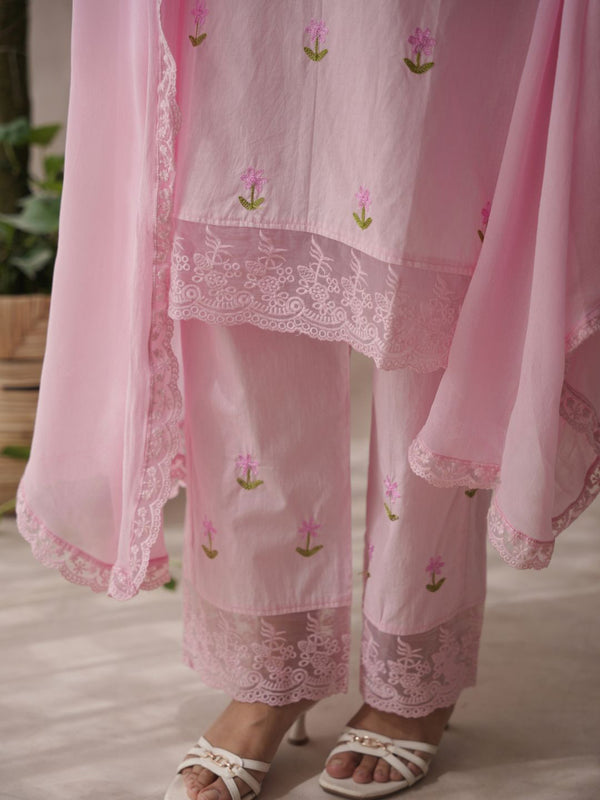 Women Bloomera Pink Rose Embroidered Pure Cotton Suit Set