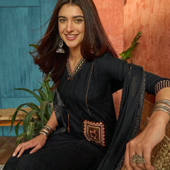 Women's Black Solid Rayon A-Line Kurta Pant Dupatta Set