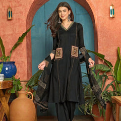 Women's Black Solid Rayon A-Line Kurta Pant Dupatta Set