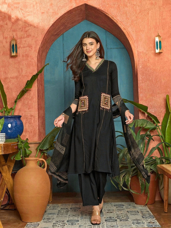 Women's Black Solid Rayon A-Line Kurta Pant Dupatta Set