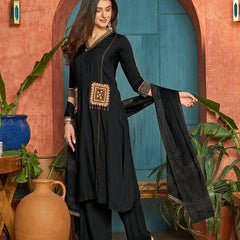 Women's Black Solid Rayon A-Line Kurta Pant Dupatta Set