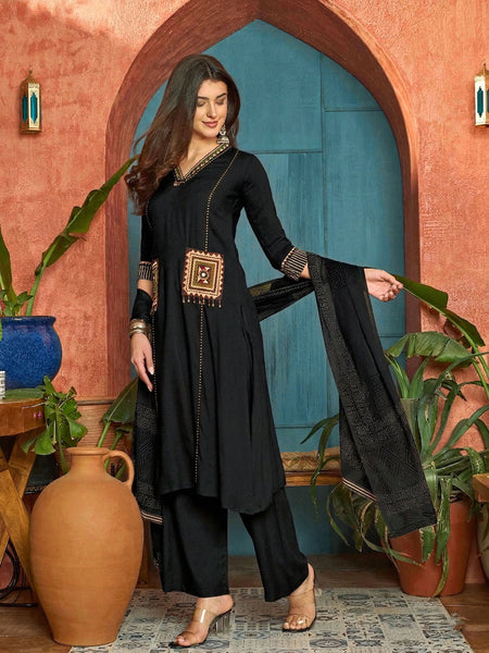 Women's Black Solid Rayon A-Line Kurta Pant Dupatta Set