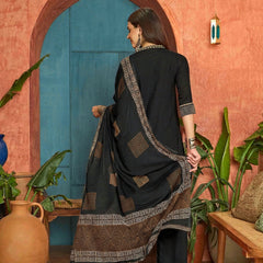 Women's Black Solid Rayon A-Line Kurta Pant Dupatta Set