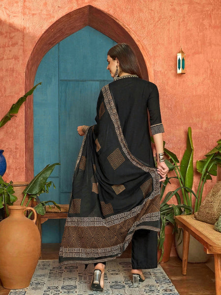 Women's Black Solid Rayon A-Line Kurta Pant Dupatta Set