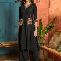 Women's Black Solid Rayon A-Line Kurta Pant Dupatta Set