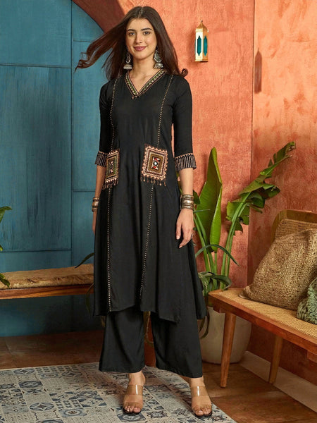 Women's Black Solid Rayon A-Line Kurta Pant Dupatta Set